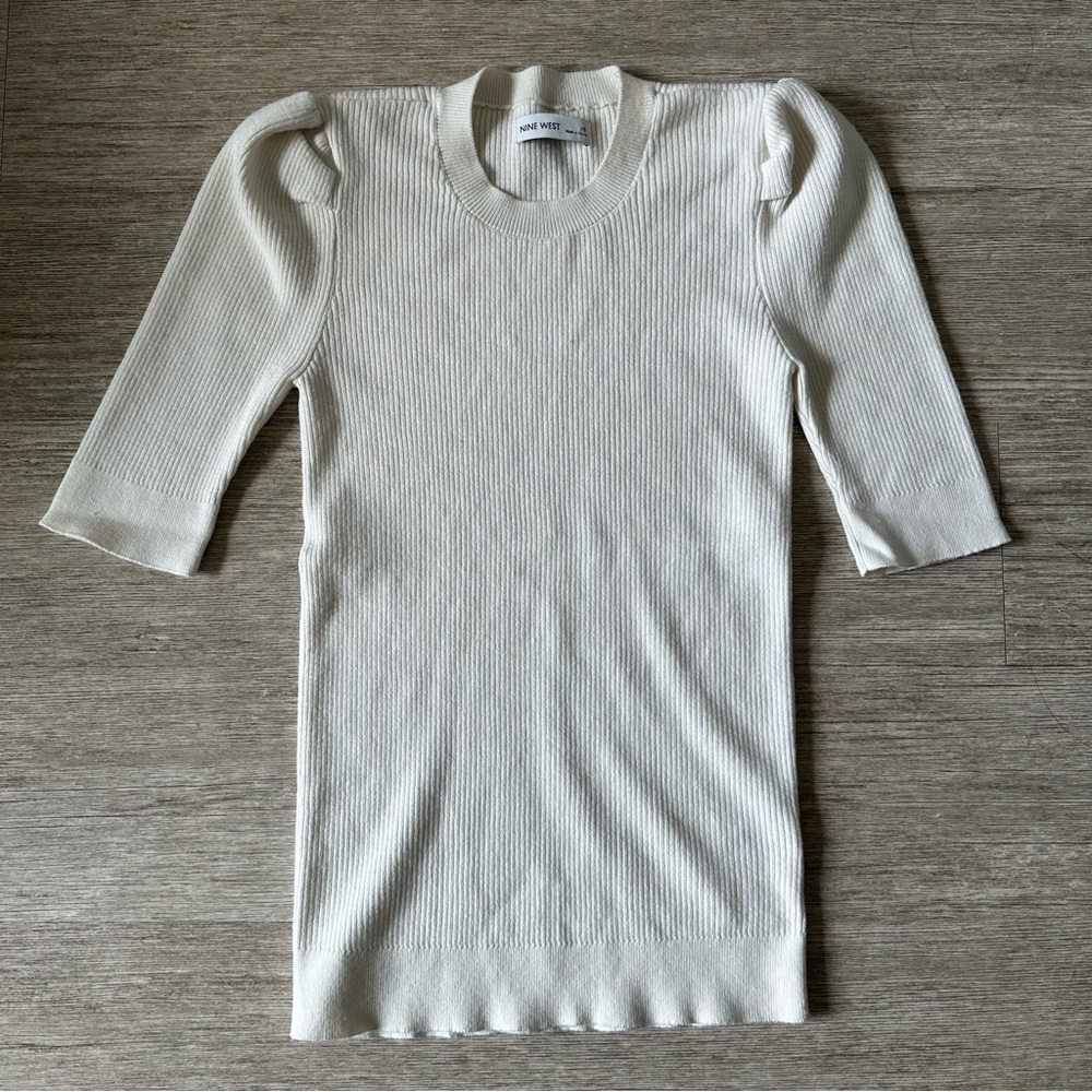 NWOT Nine West White Ribbed Puff Sleeve Knit Top
